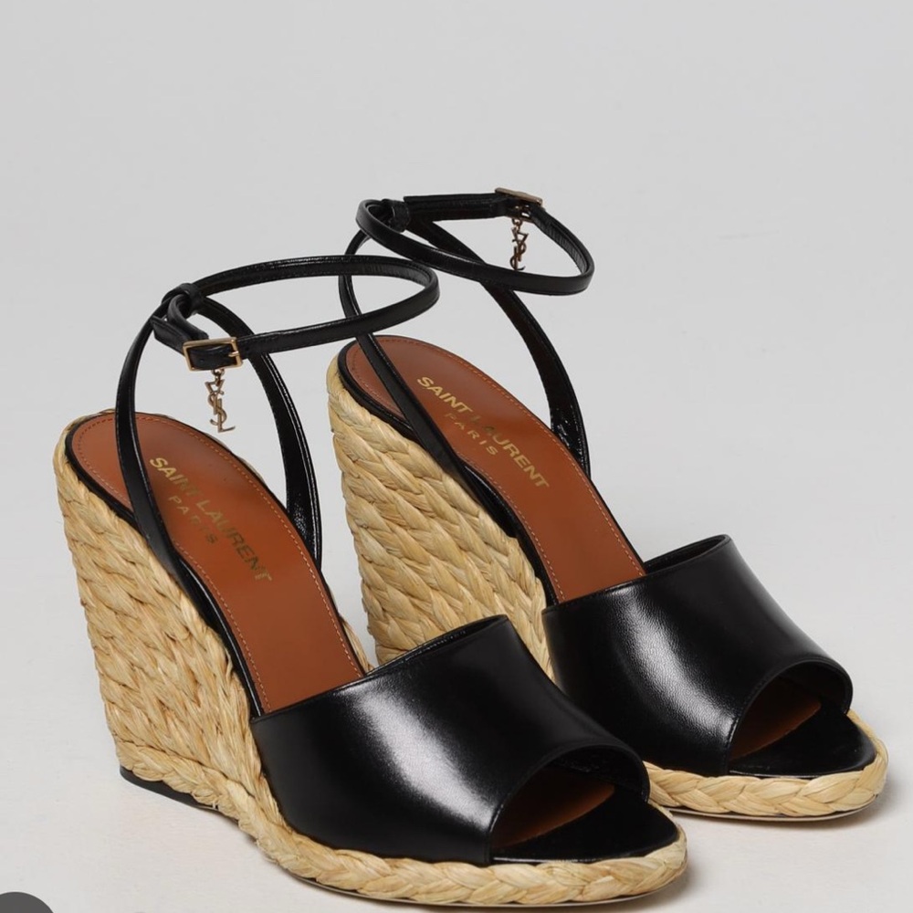 Authentic Saint Laurent Sexy 95 leather Black Wedge Sandals